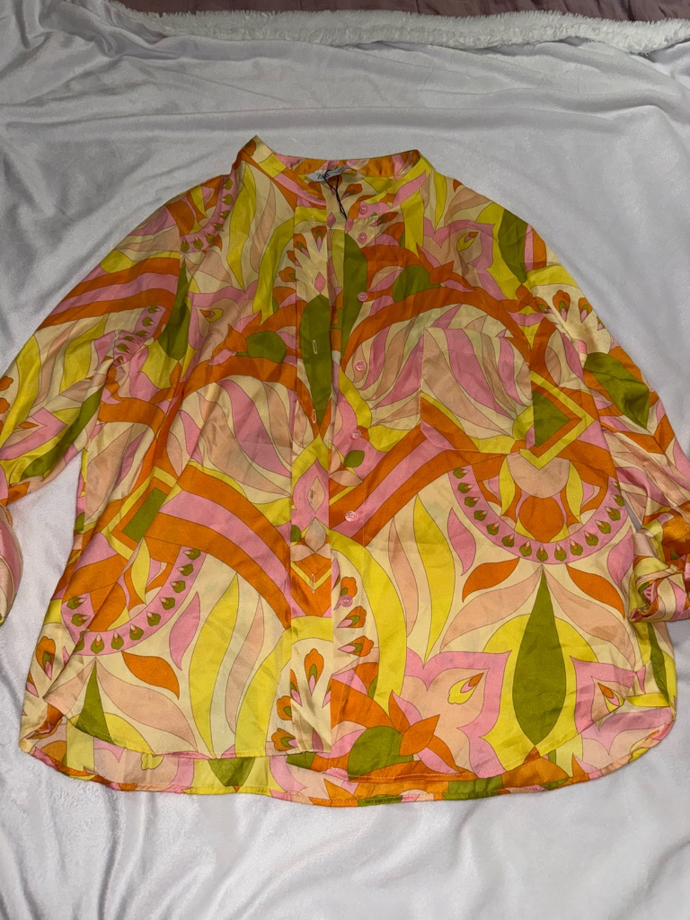 Zara Multicolor Retro Geo Print Blouse and pant set— Pink, Orange, Yellow, Green